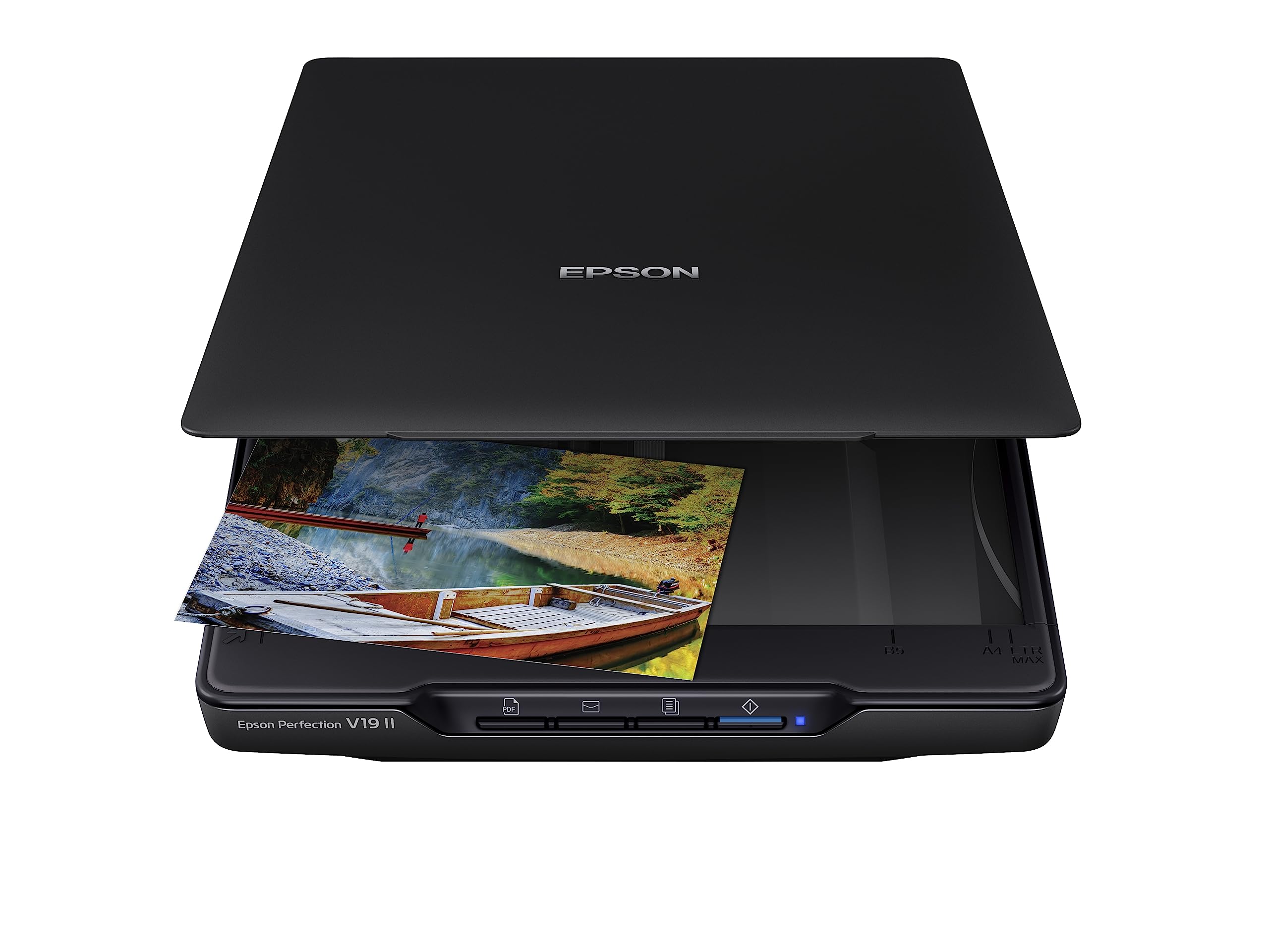 Epson Perfection V19 II frontal mostrando diseño compacto y nítido