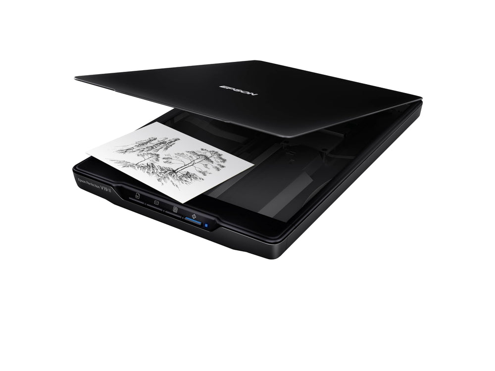 Epson V19 II guardado verticalmente en su soporte para ahorrar espacio