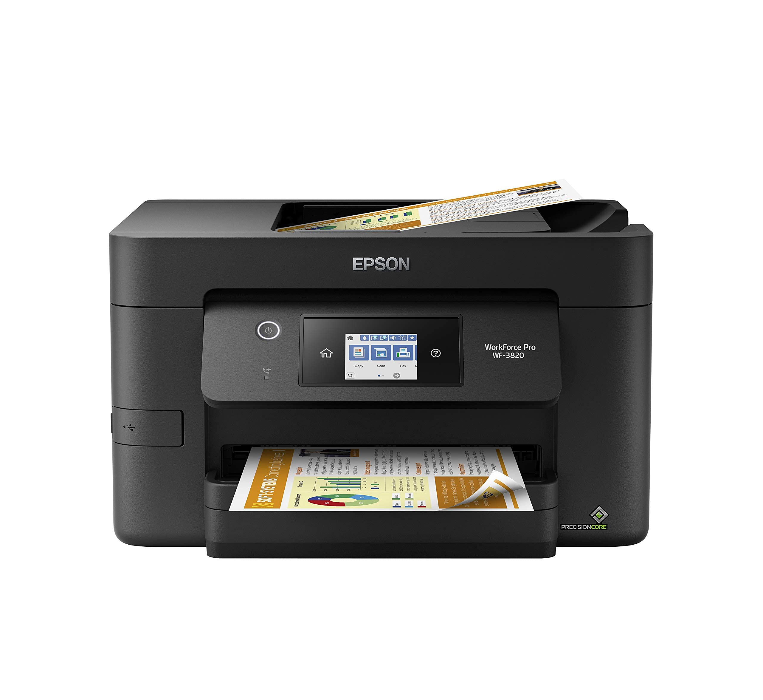 Epson WF-3820 vista frontal mostrando diseño compacto y acceso rápido