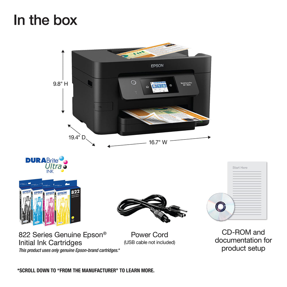 Epson WF-3823 saliendo página a color con tinta DURABrite Ultra duradera