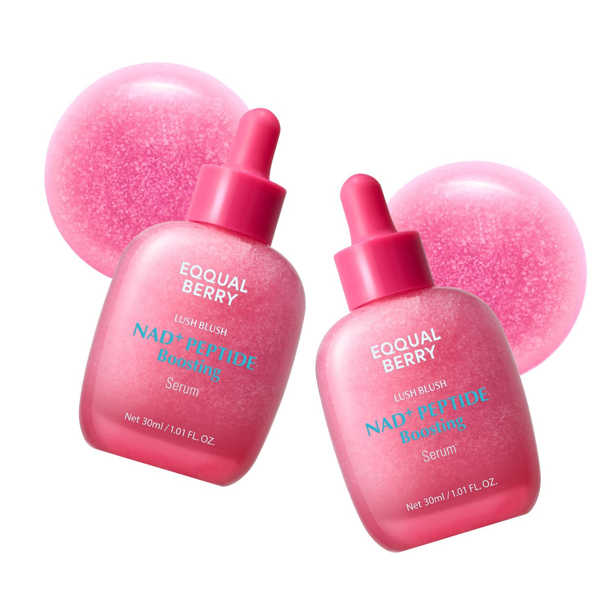 EQQUALBERRY frasco frontal del sérum rosa mostrando diseño y tamaño práctico