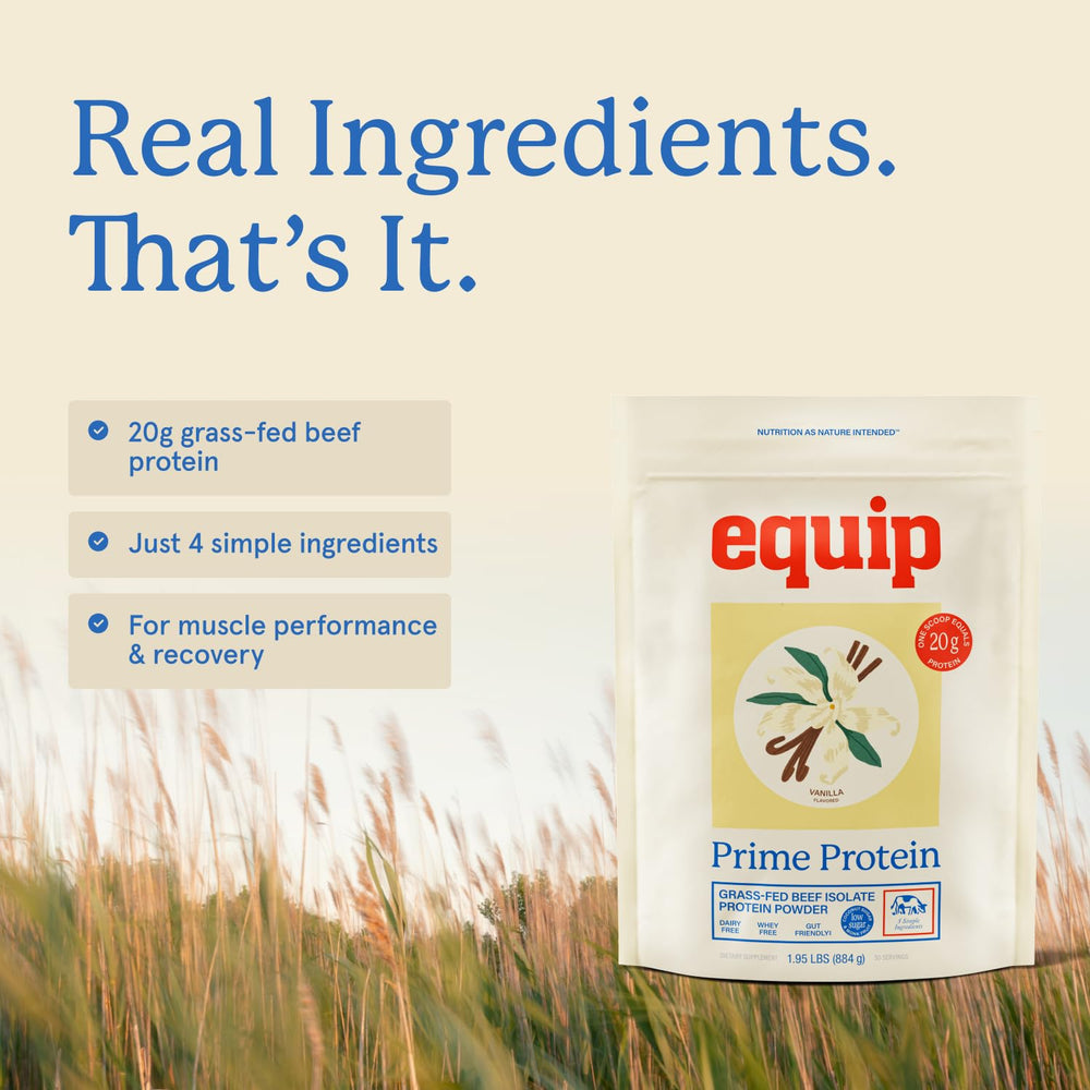 Envase de Equip Prime junto a una cuchara, muestra 30 servicios y escala