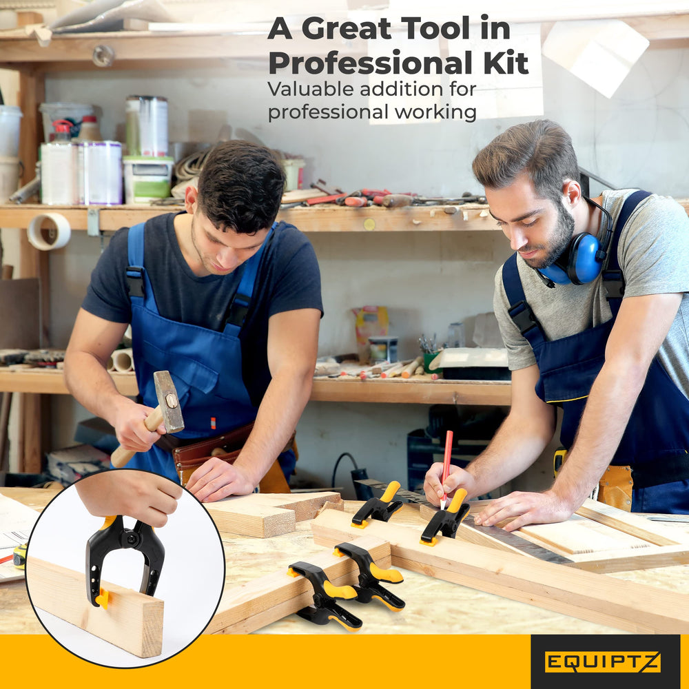 EQUIPTZ pinzas en un taller de bricolaje sujetando madera y materiales
