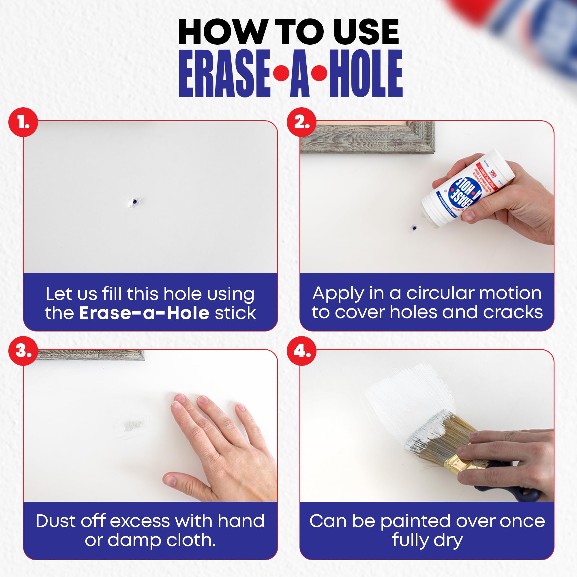 Erase-A-Hole aplicación en pared rellenando un agujero de clavo con rapidez