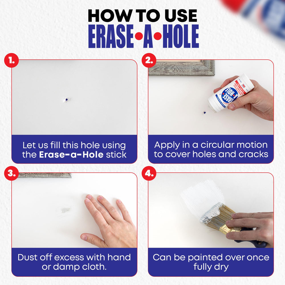 Erase-A-Hole aplicación en pared rellenando un agujero de clavo con rapidez