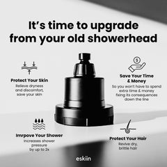 Eskiin persona en ducha enjuagando cabello mostrando suavidad del agua