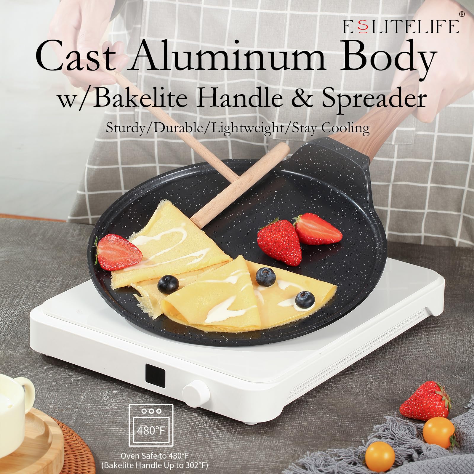 ESLITE LIFE sartén en uso preparando un crepe, cocción uniforme y fácil volteo