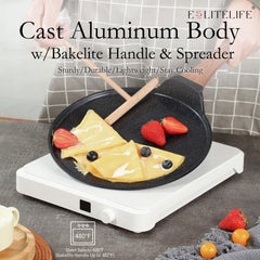 ESLITE LIFE sartén en uso preparando un crepe, cocción uniforme y fácil volteo