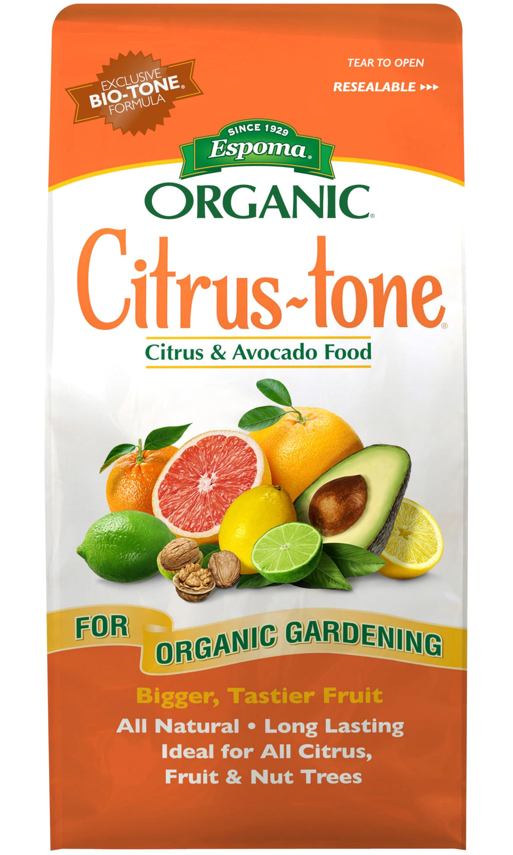 Espoma Citrus-tone frente de la bolsa mostrando identidad y uso orgánico