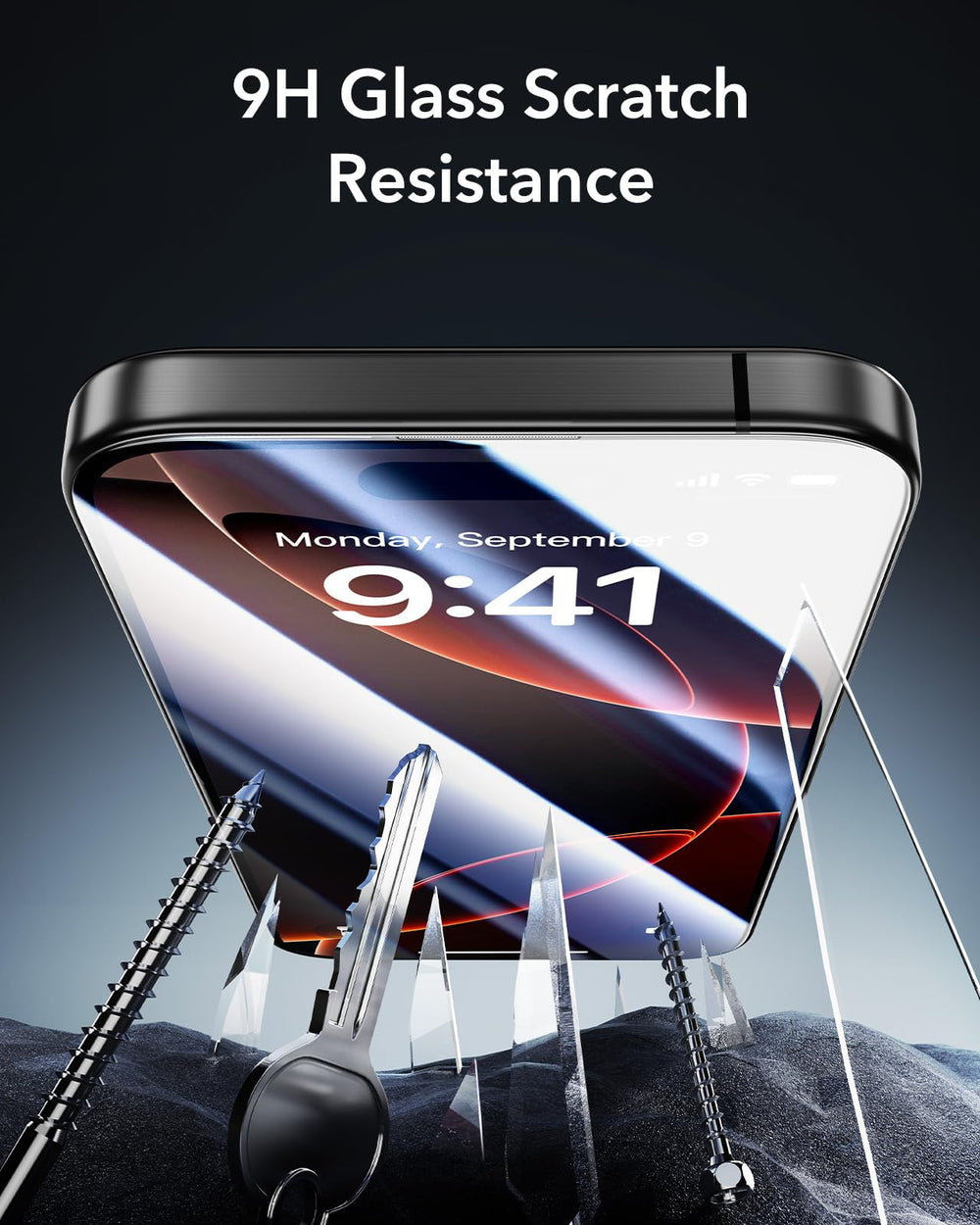 ESR comparación de tamaño mostrando protector respecto a iPhone 16 Pro Max
