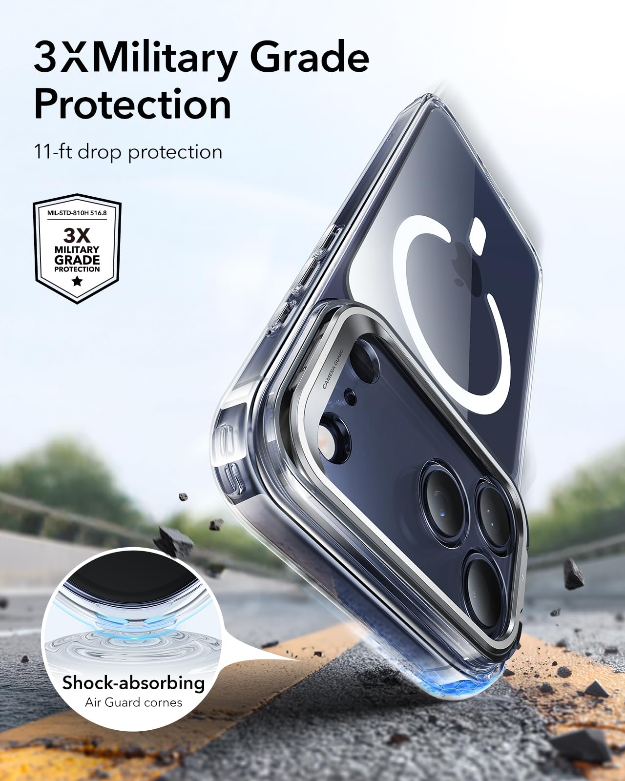 ESR detalle de esquinas Air Guard que absorben impactos y protegen el móvil