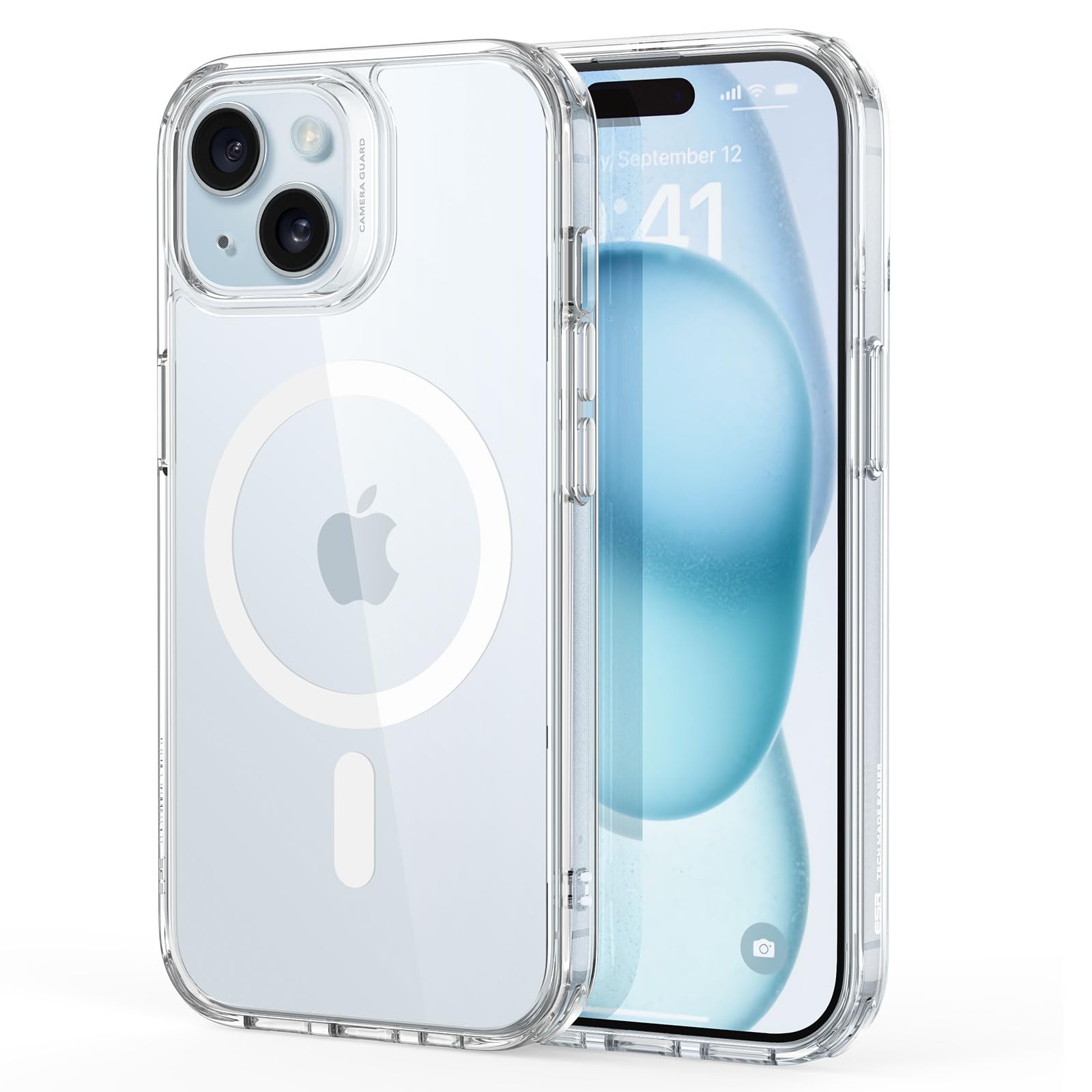 ESR funda frontal para iPhone 15 mostrando protección y diseño claro
