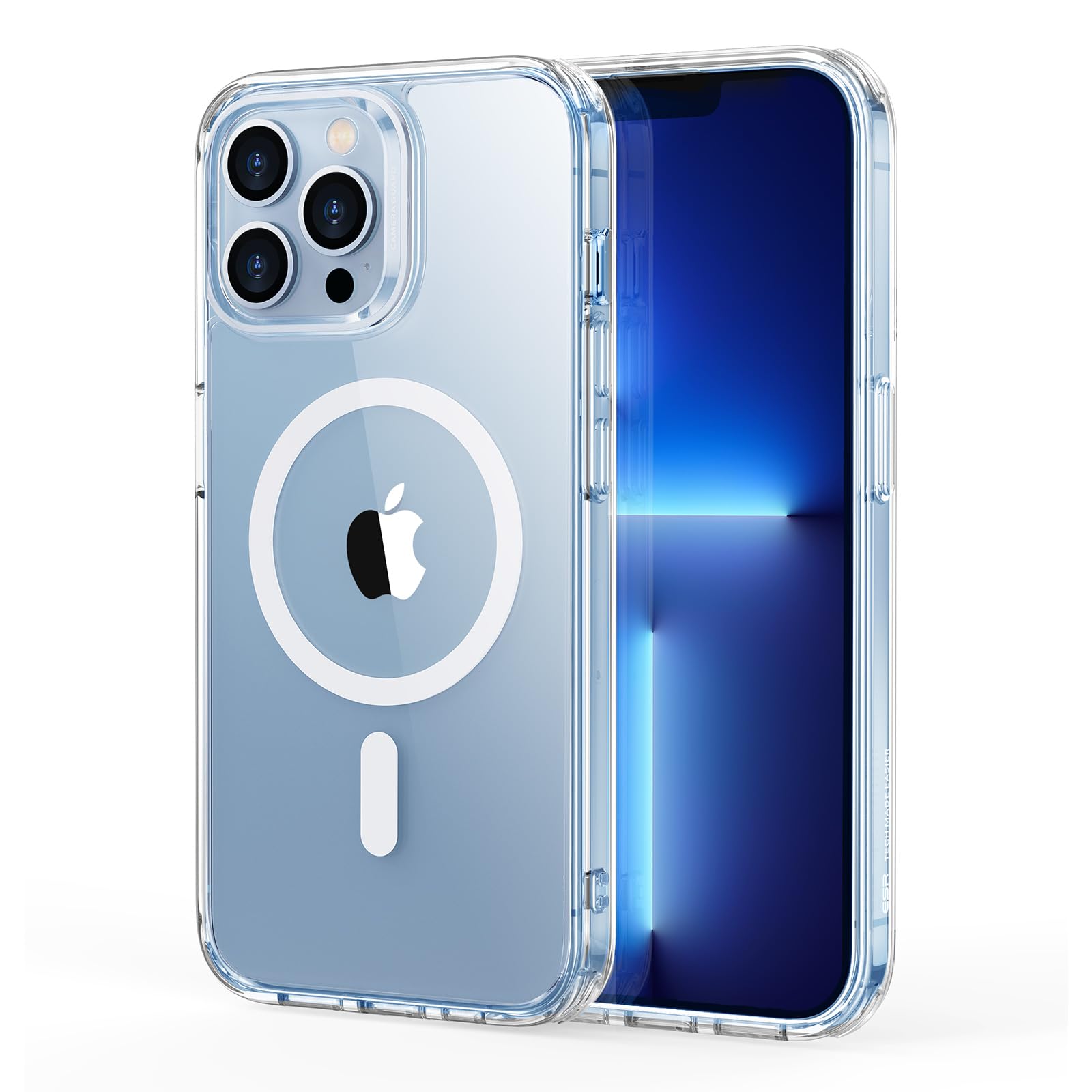 ESR funda frontal clara mostrando el iPhone 13 Pro y protección estética