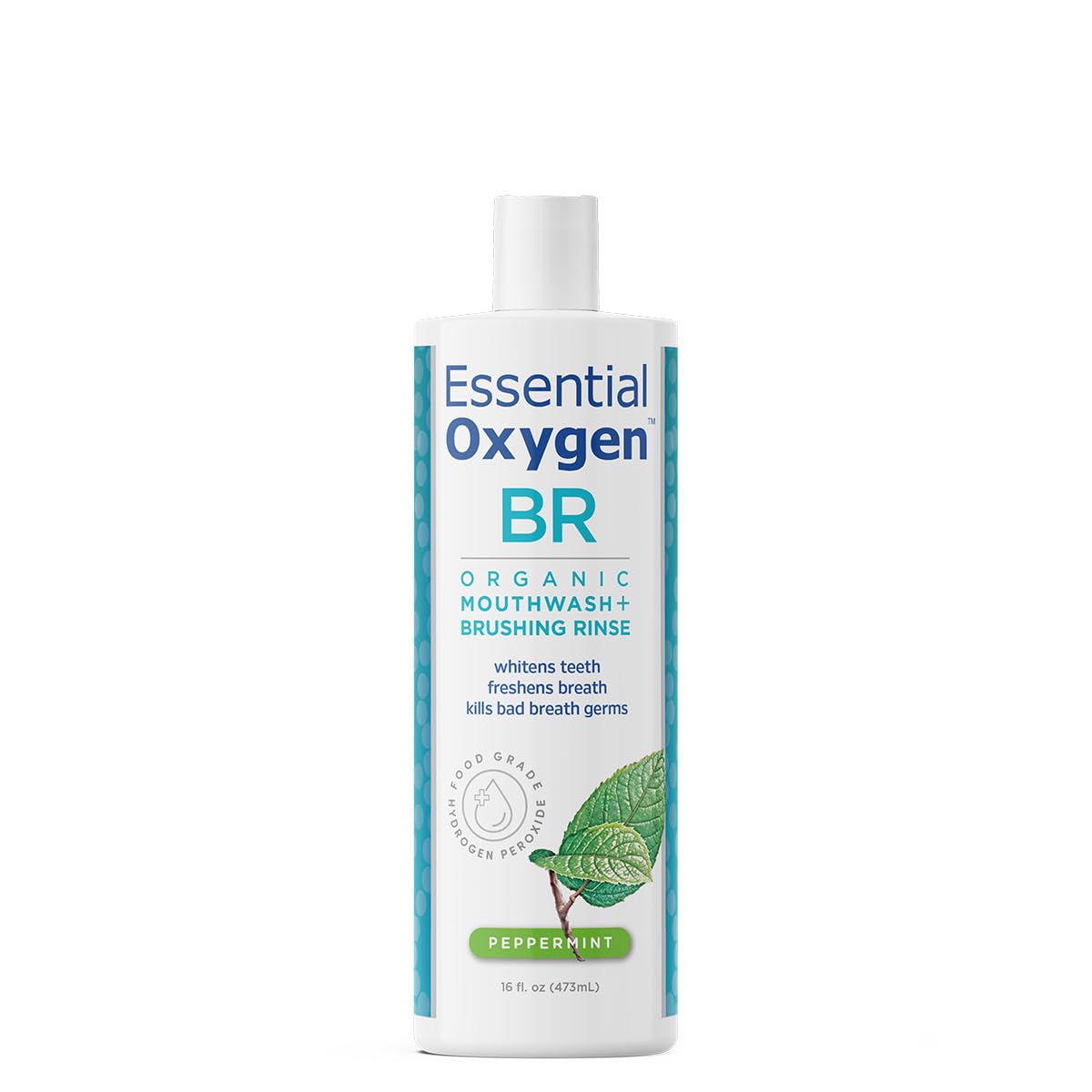 Essential Oxygen frasco frontal mostrando etiqueta y tamaño, confianza natural