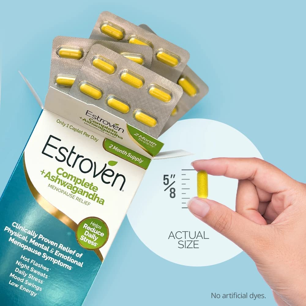 Estroven caja abierta con frasco ofreciendo conveniencia y dosis diaria