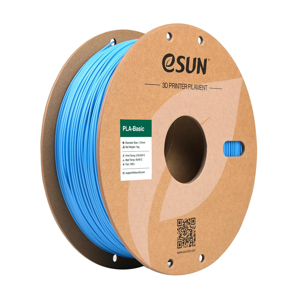 Carrete eSUN PLA Basic azul claro visto de frente, muestra control dimensional y fácil alimentación