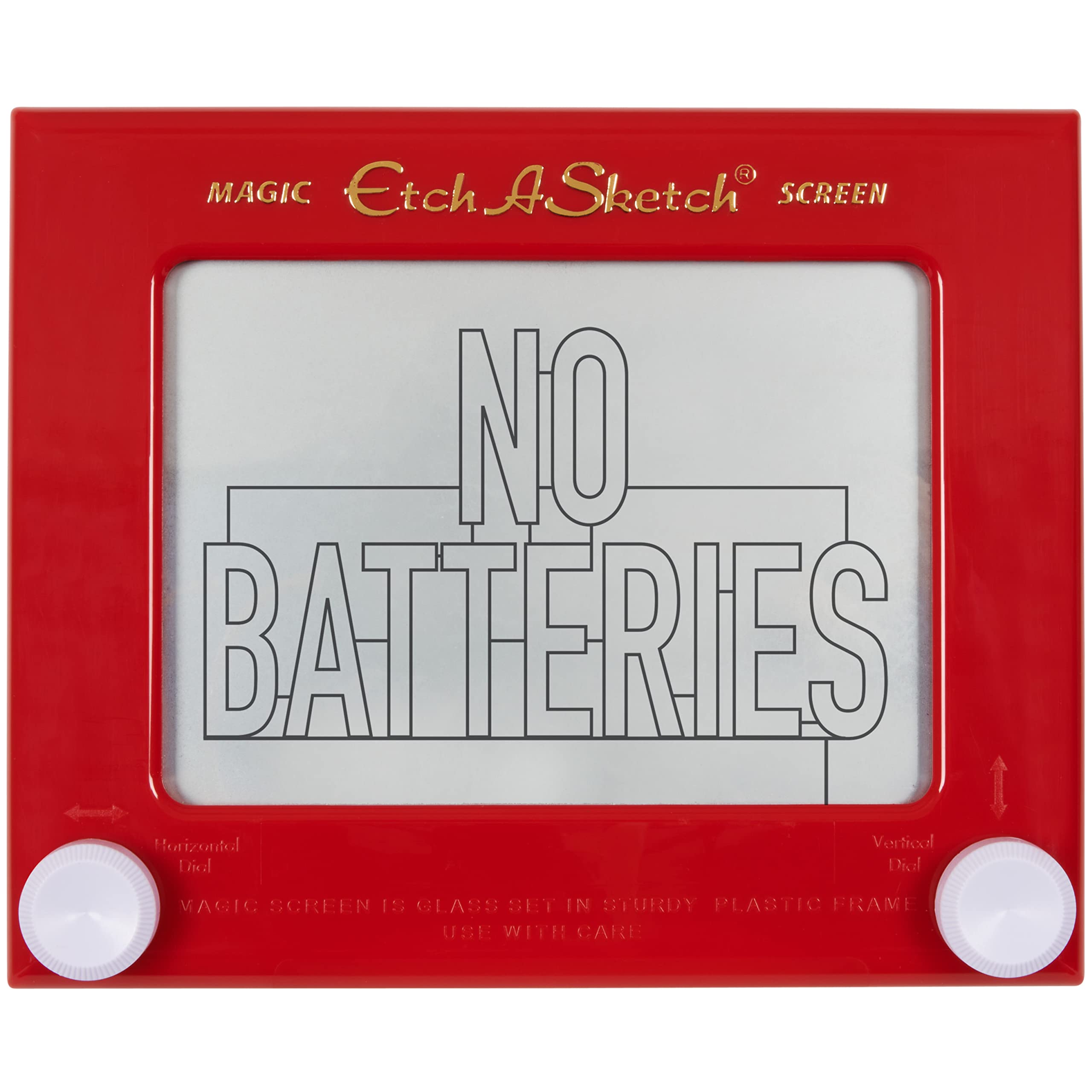 Etch A Sketch vista frontal clásica mostrando marco rojo y mandos blancos, diversión instantánea