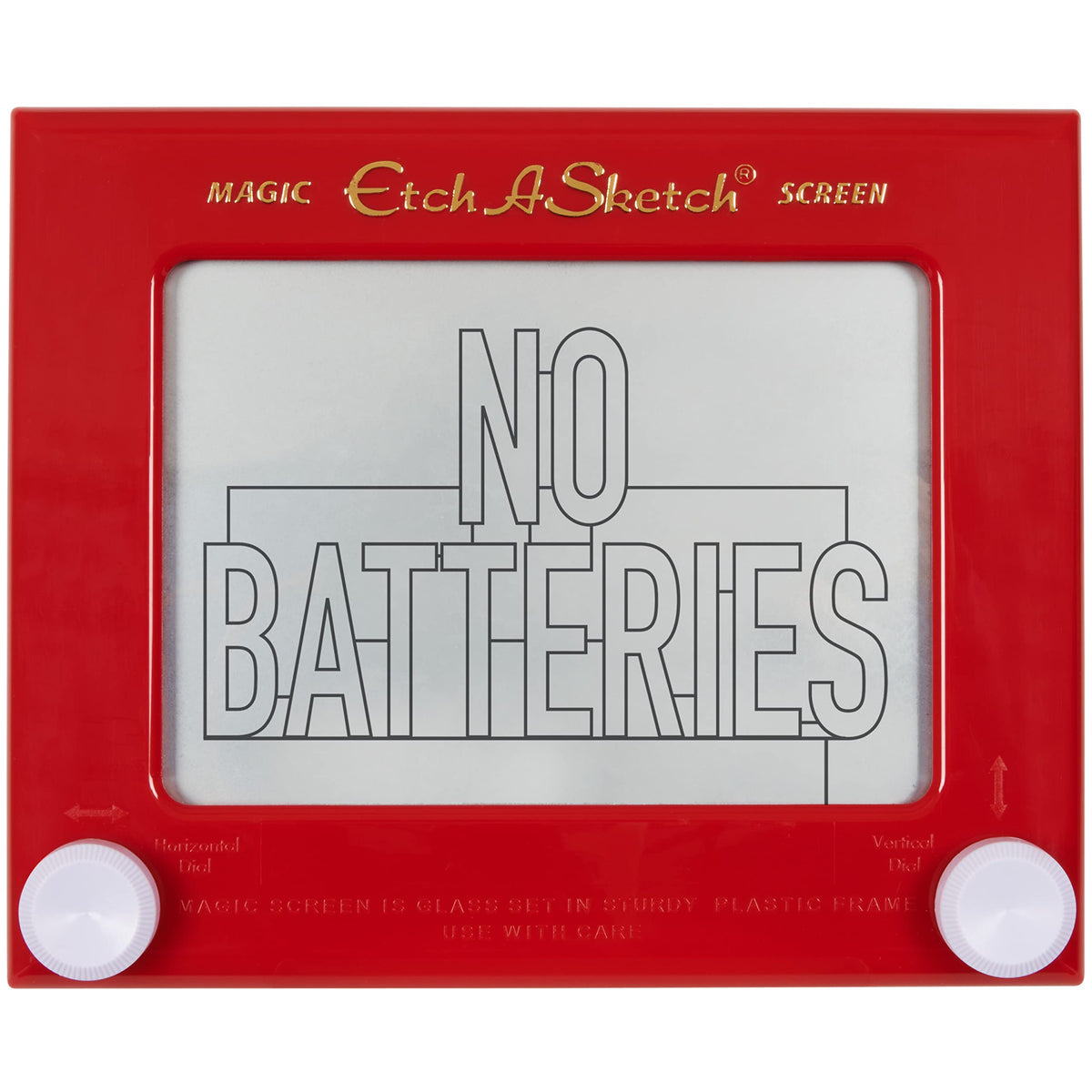 Etch A Sketch vista frontal clásica mostrando marco rojo y mandos blancos, diversión instantánea