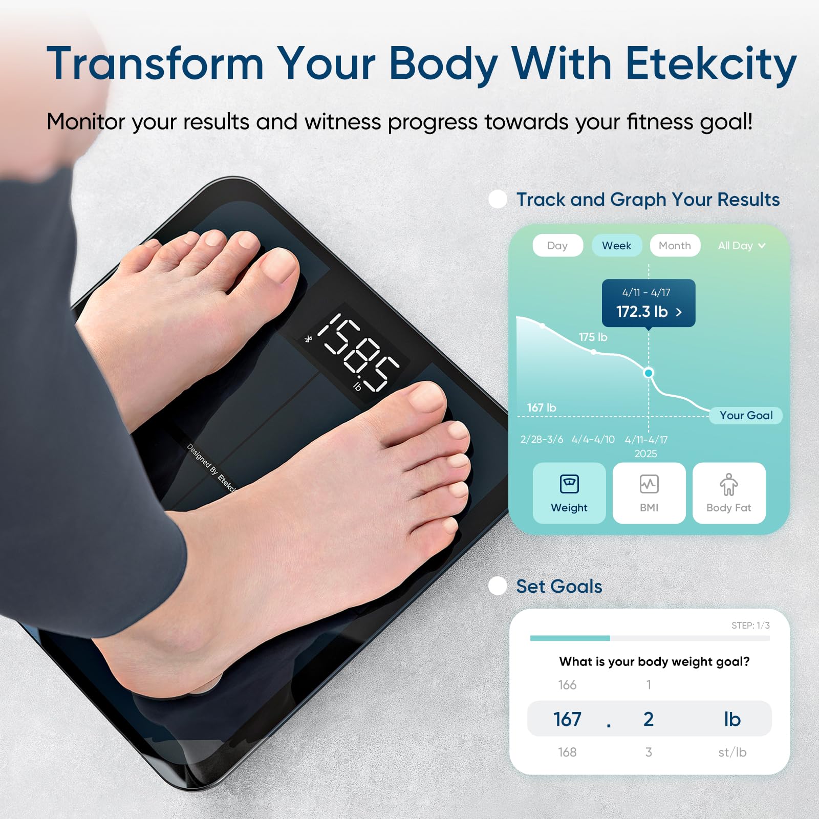 Etekcity báscula en uso por una persona midiendo peso con precisión