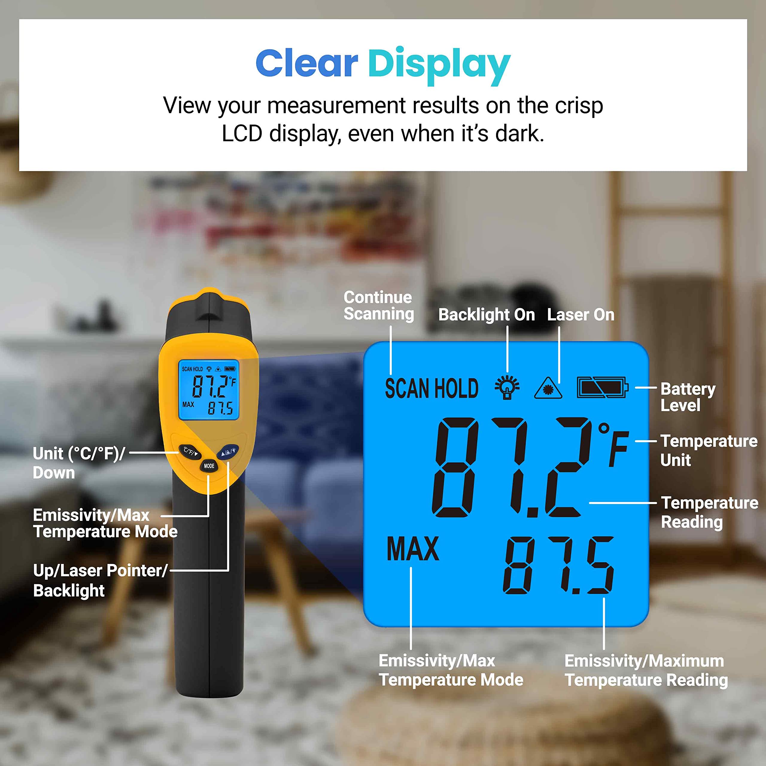 Etekcity Lasergrip 774 en mano para comparar tamaño y facilitar decisión de compra