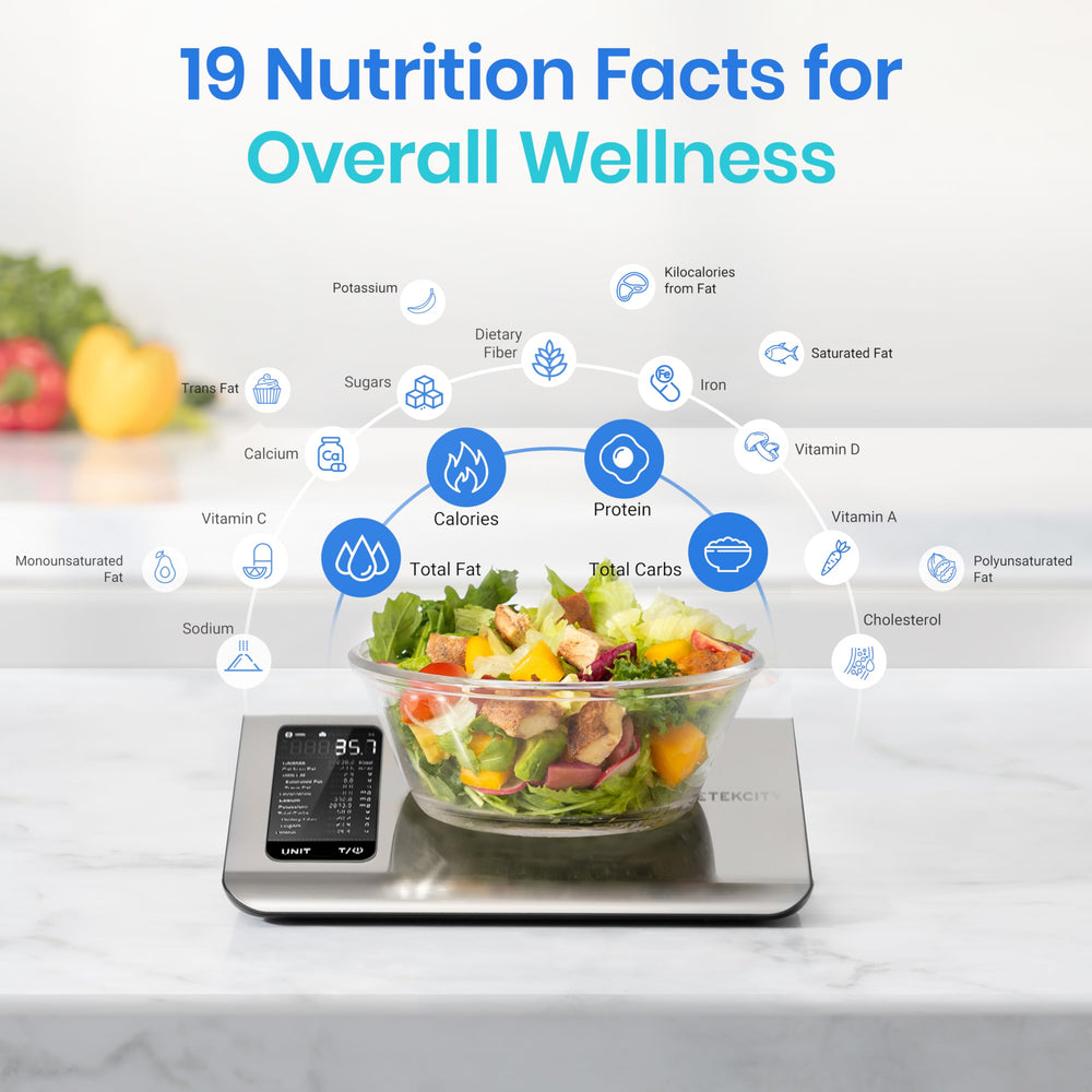 Etekcity pantalla iluminada mostrando datos nutricionales, lectura rápida