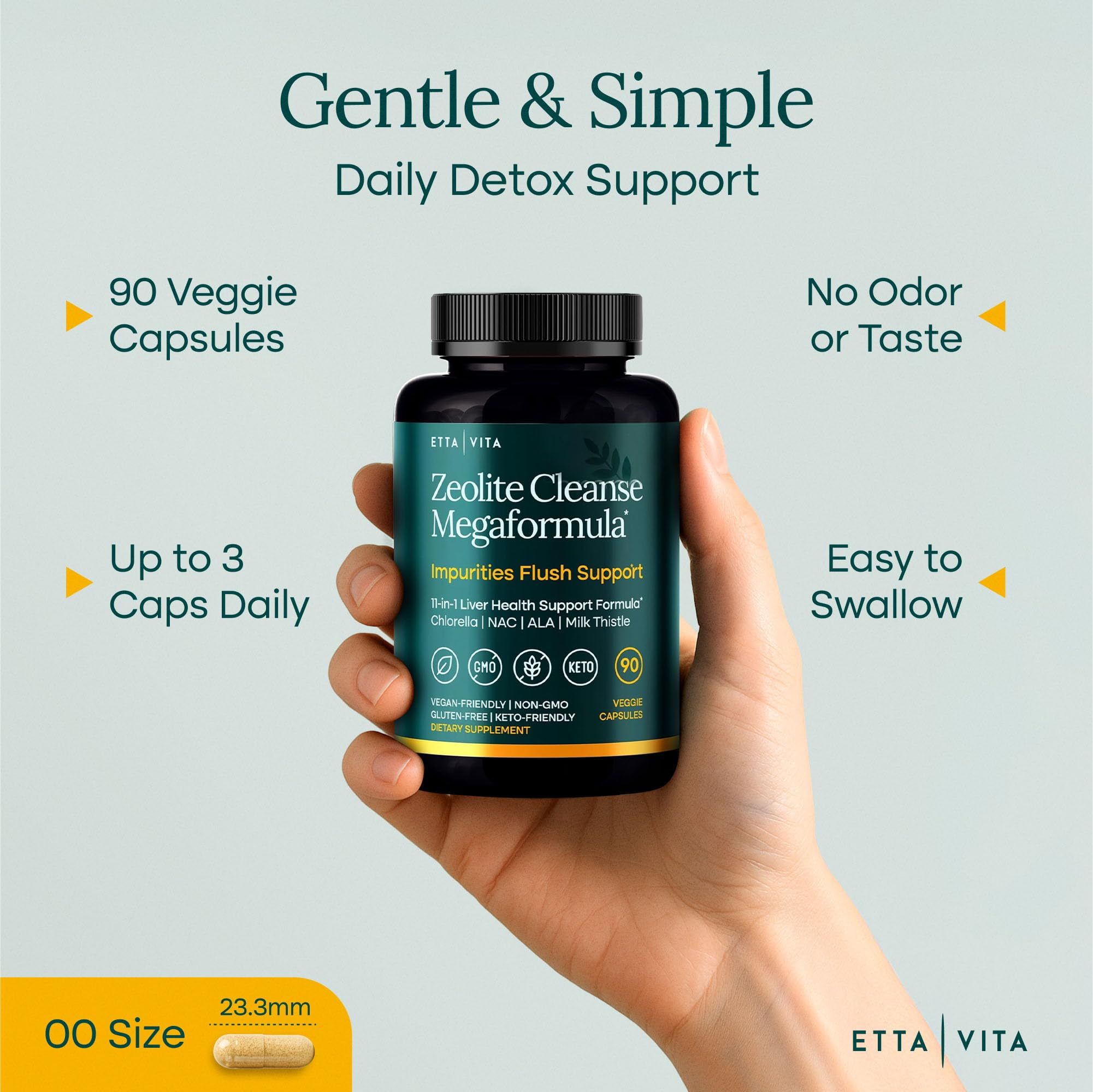 Etta Vita zeolita y chlorella en primer plano para visual de componentes quelantes