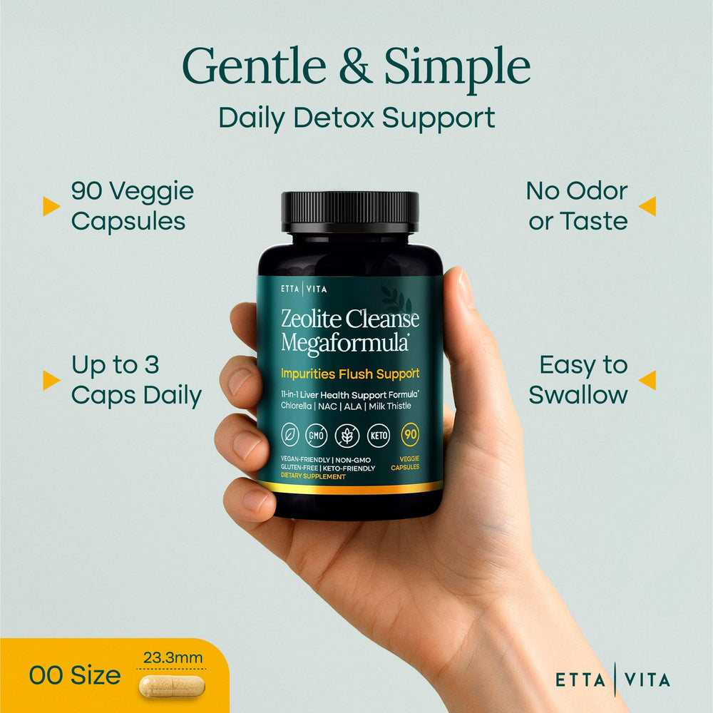 Etta Vita zeolita y chlorella en primer plano para visual de componentes quelantes