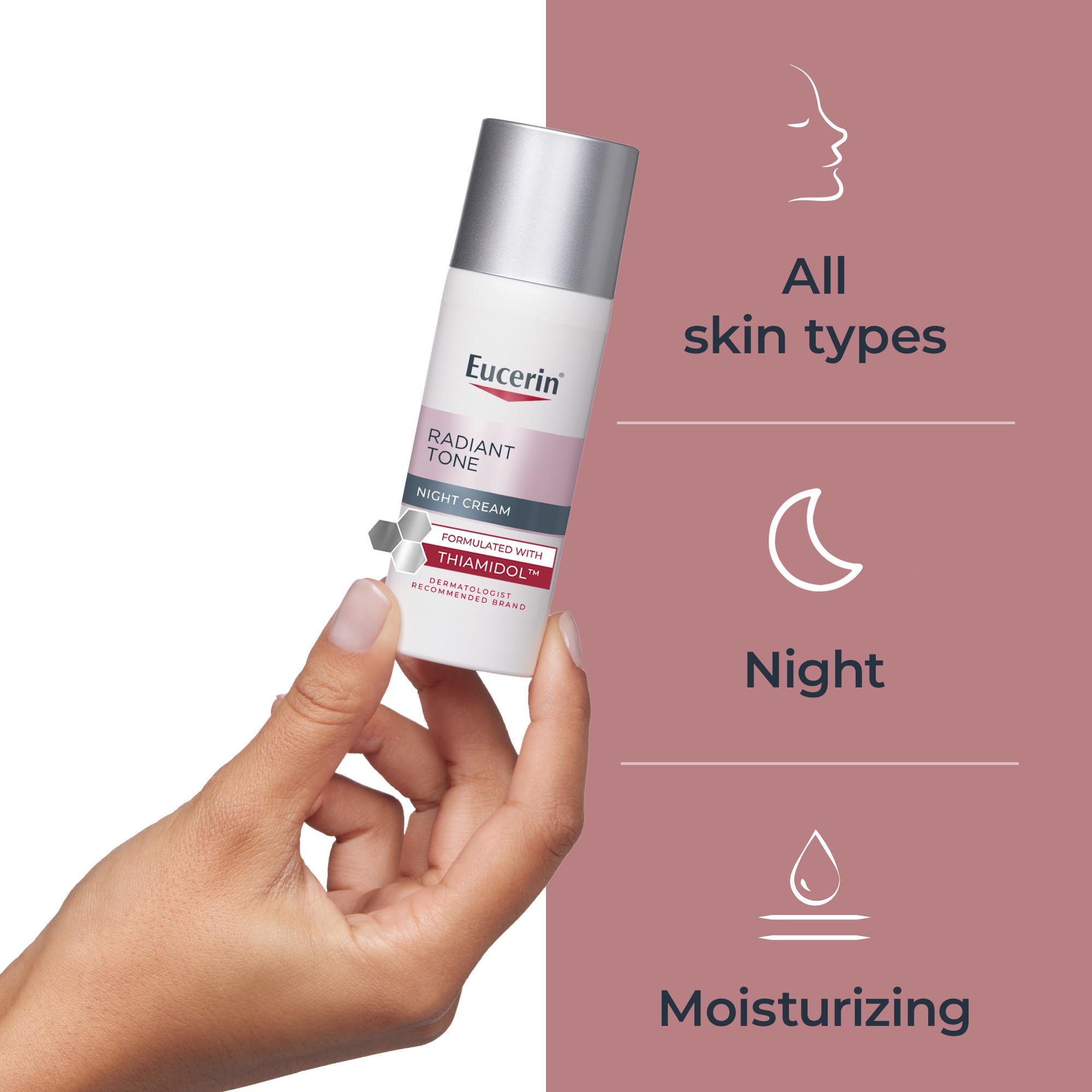 Eucerin crema colocada en tocador real para uso nocturno cotidiano