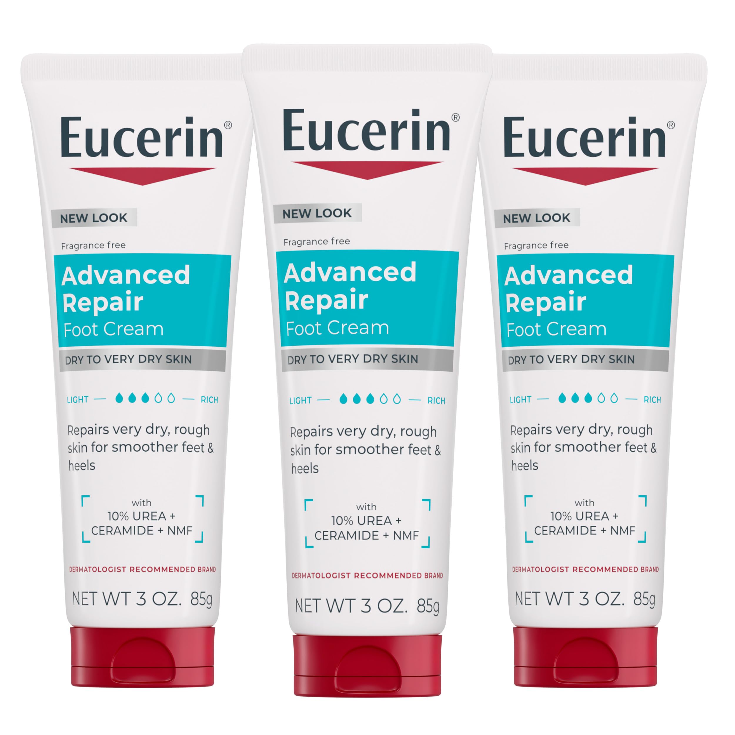 Eucerin crema para pies frente del pack mostrando tubos, hidratación duradera