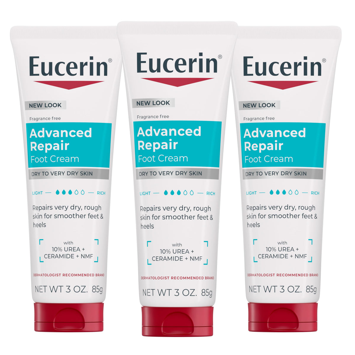 Eucerin crema para pies frente del pack mostrando tubos, hidratación duradera