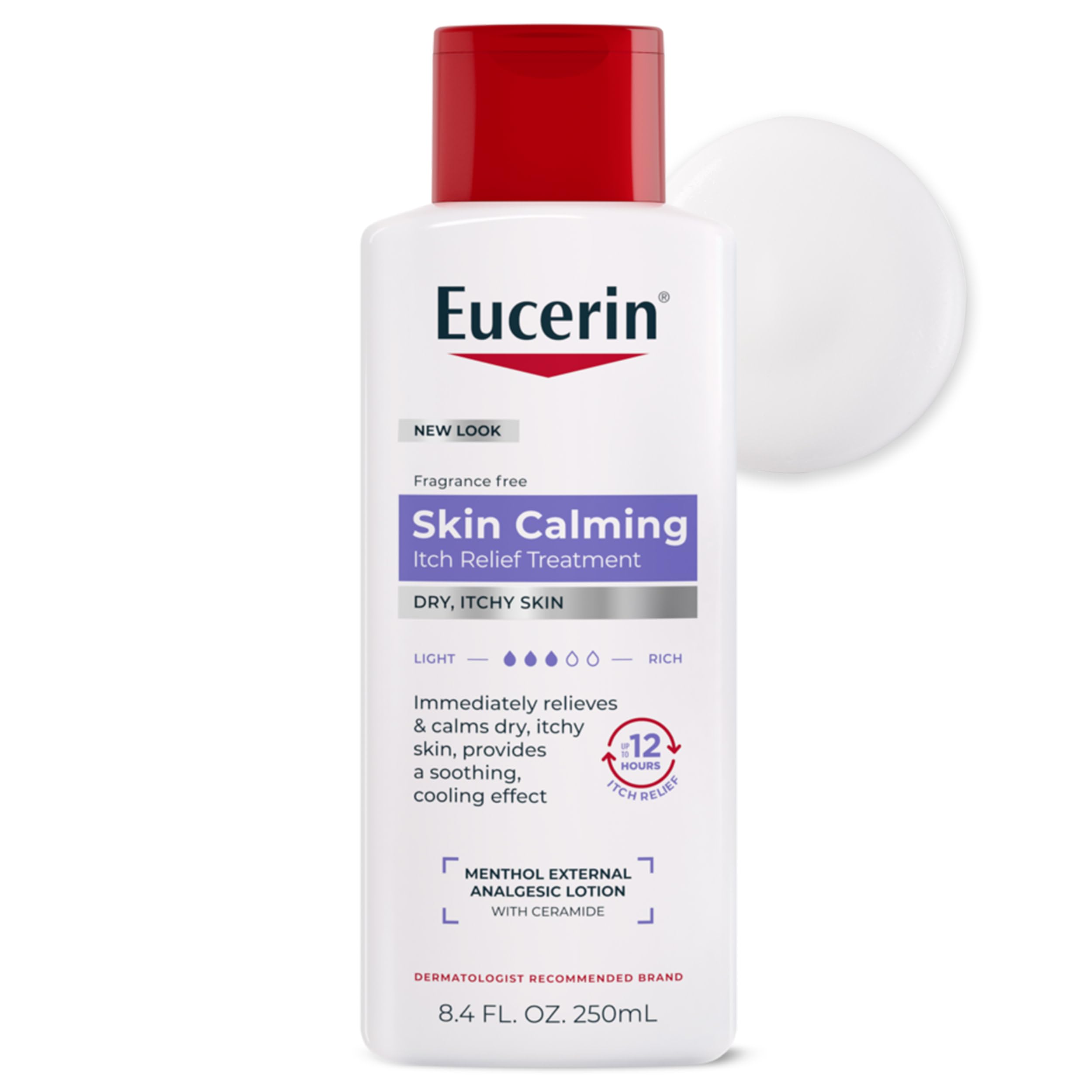 Eucerin frente del envase mostrando tamaño y diseño, alivia la picazón