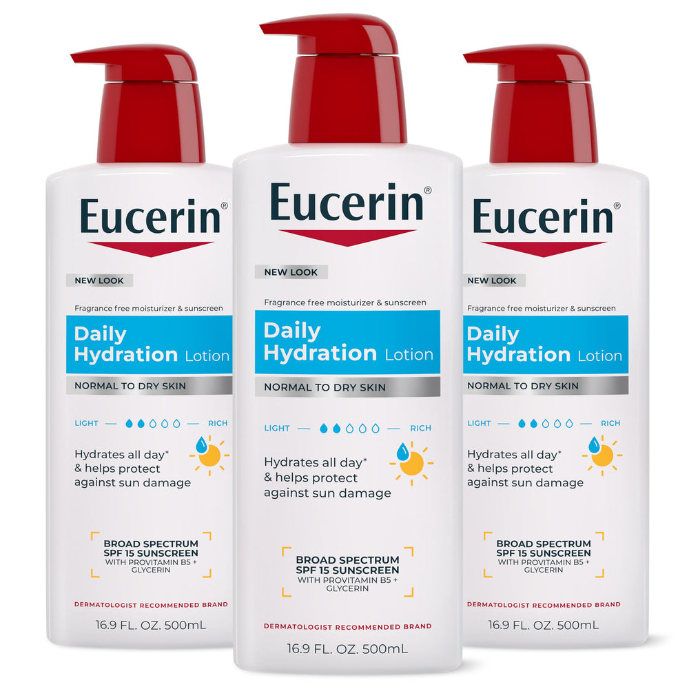 Eucerin frontal multipack mostrando tres botellas y beneficio hidratación