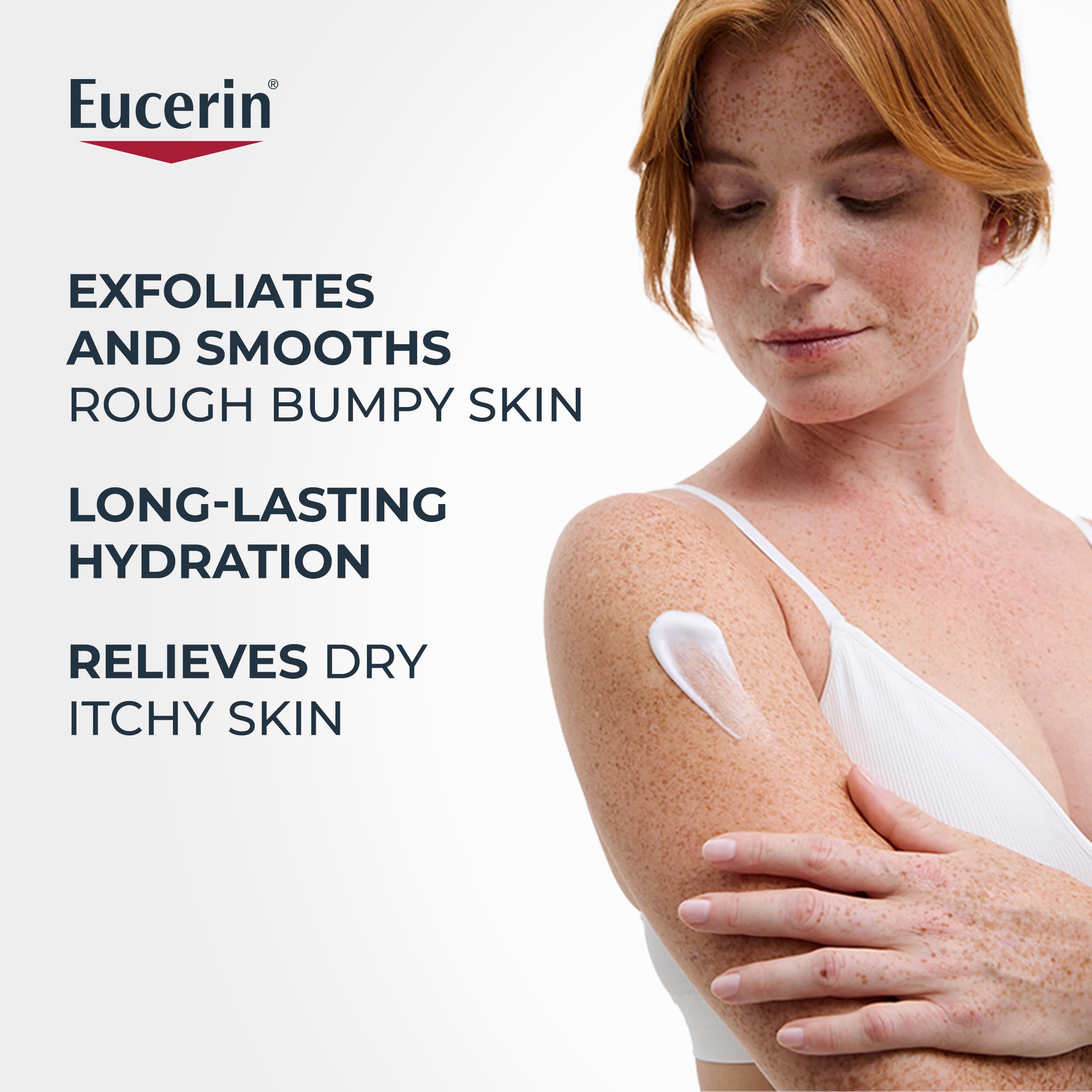Eucerin botella junto a mano para mostrar tamaño práctico y ahorro