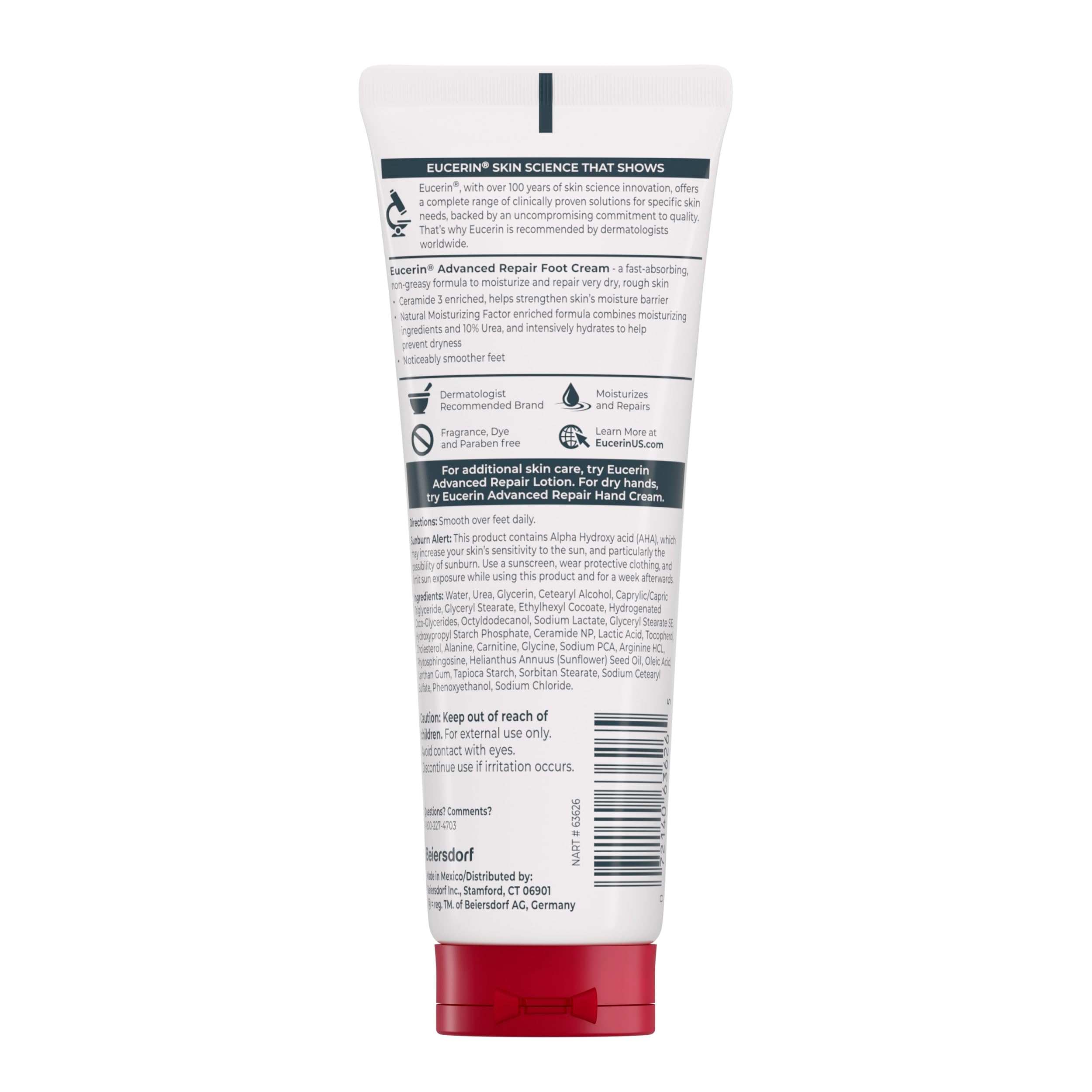 Eucerin tubo 3oz en mano para mostrar tamaño práctico y portable