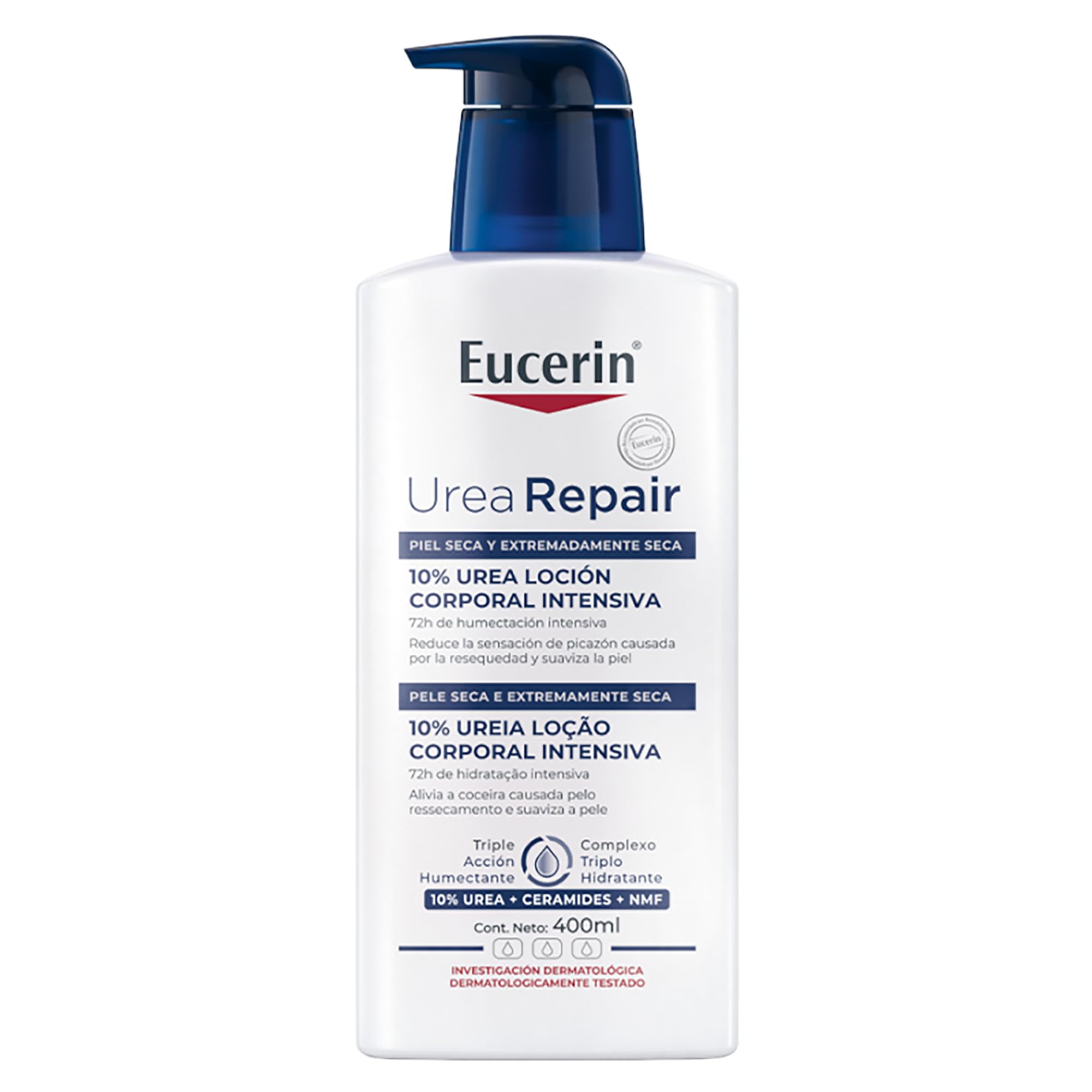 Eucerin botella frontal mostrando etiqueta y beneficio hidratación duradera
