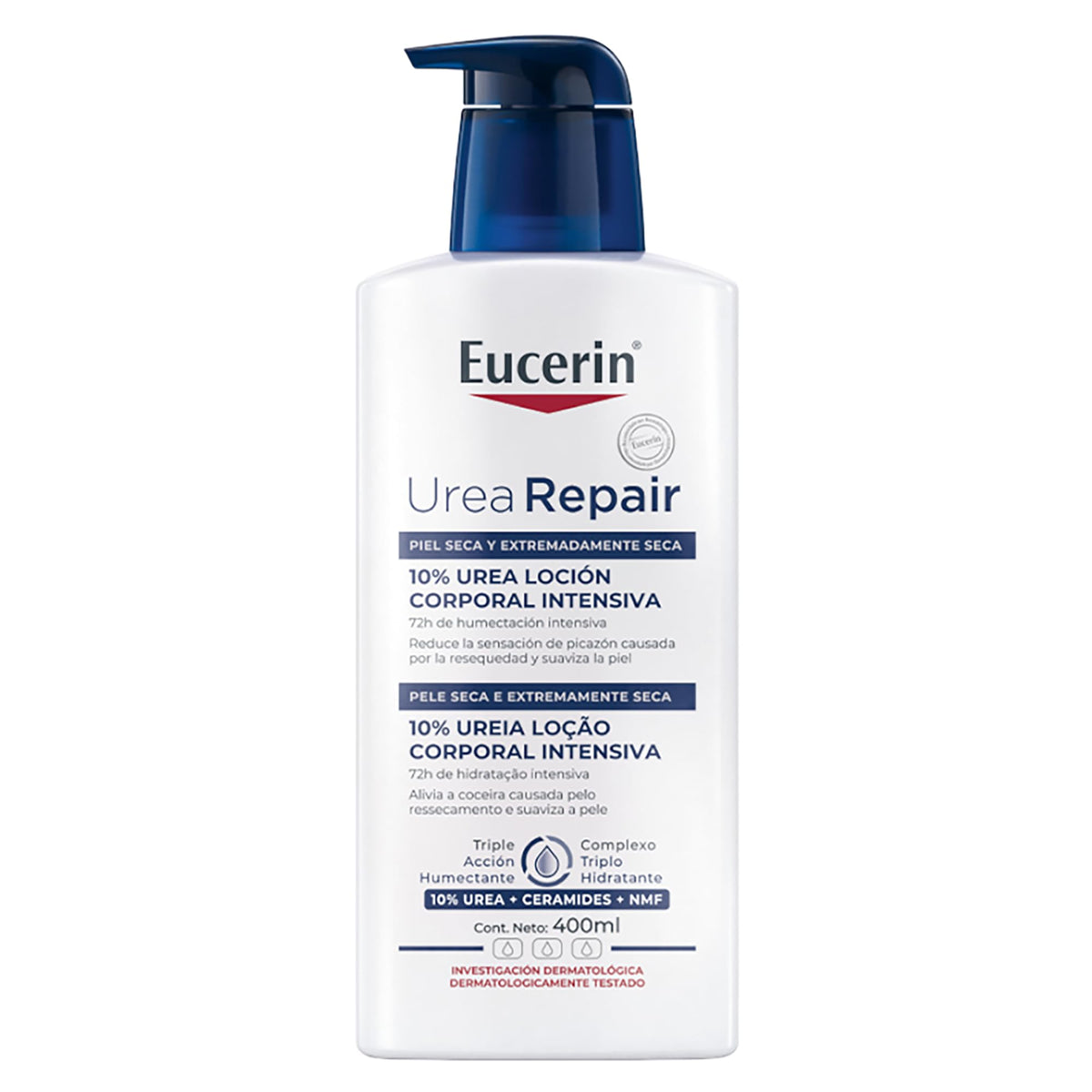 Eucerin botella frontal mostrando etiqueta y beneficio hidratación duradera