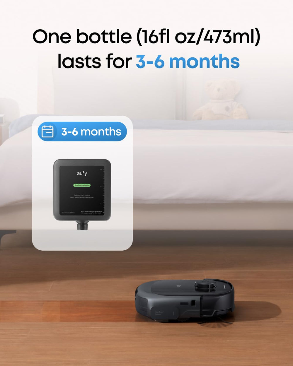 eufy robot en acción usando la solución para limpiar suelos duros