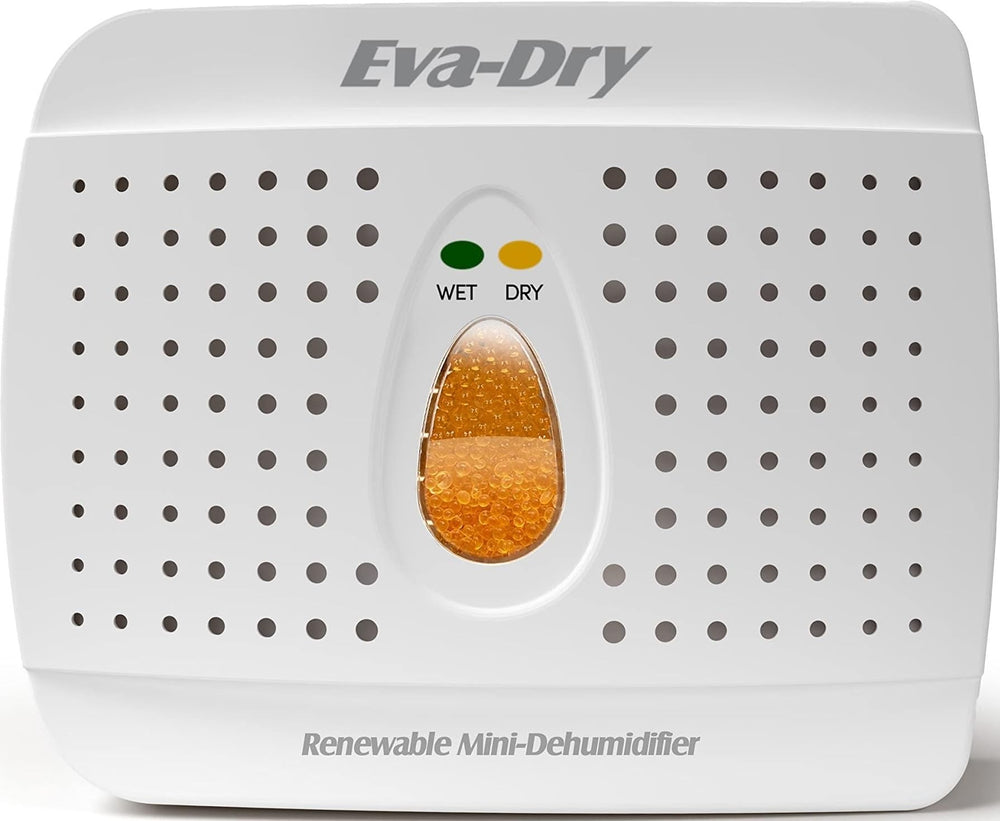 Eva-Dry E-333 vista frontal del deshumidificador blanco, protege espacios pequeños