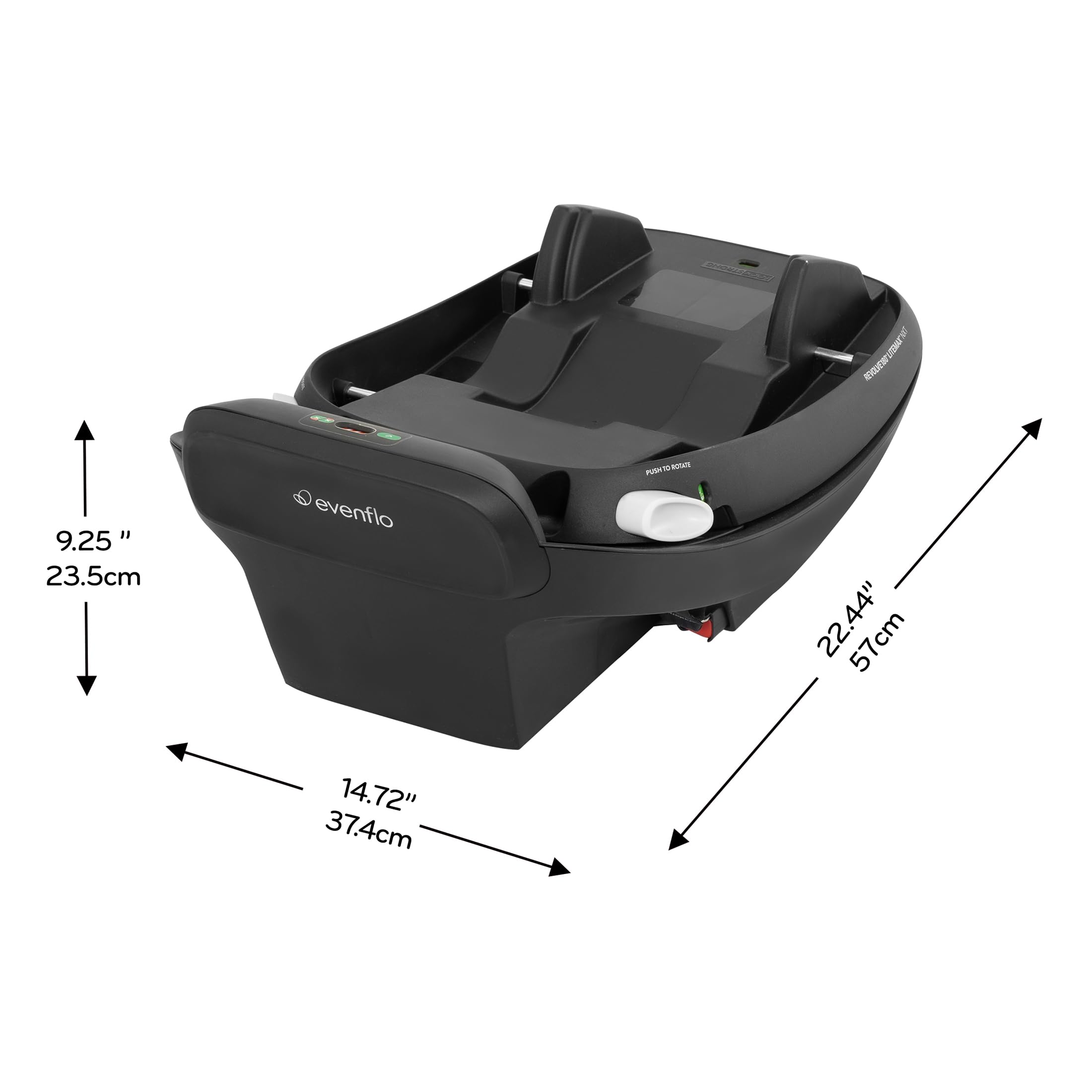 Evenflo base en uso con asiento Revolve180 LiteMax NXT demostrando rapidez