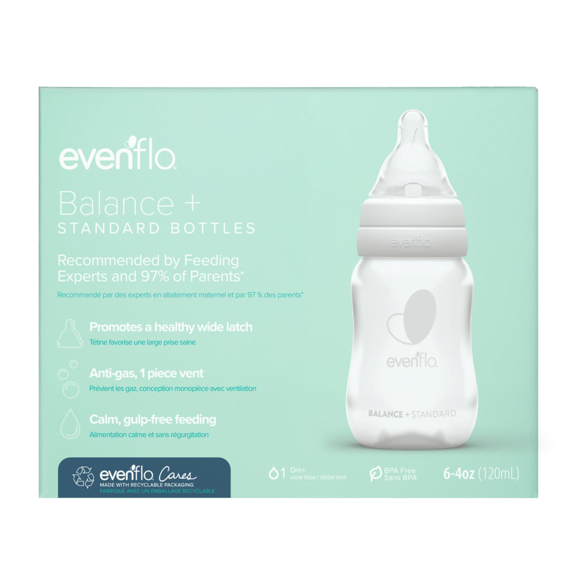 Evenflo bottle front packaging showing pack of six and features