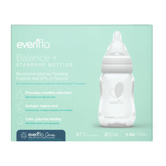 Evenflo bottle front packaging showing pack of six and features
