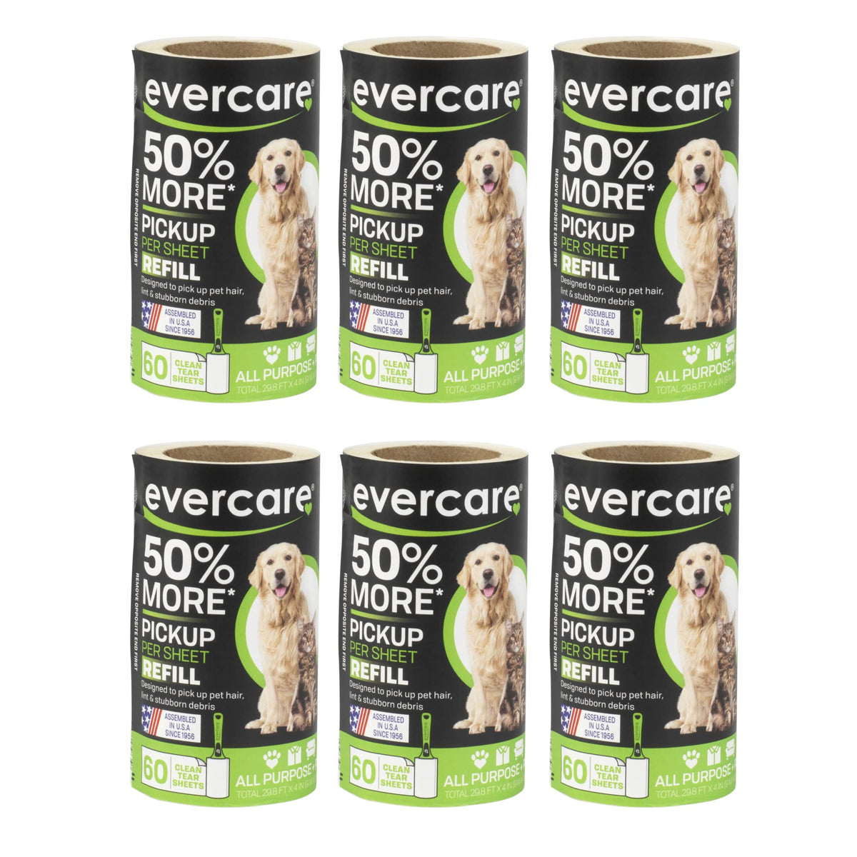 Evercare empaque frontal de seis recambios mostrando cantidad y color verde, fácil identificación