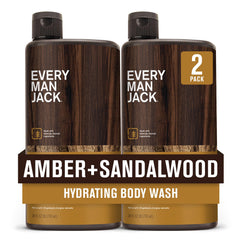 Every Man Jack front packaging showing amber sandalwood scent and benefit moisturizing