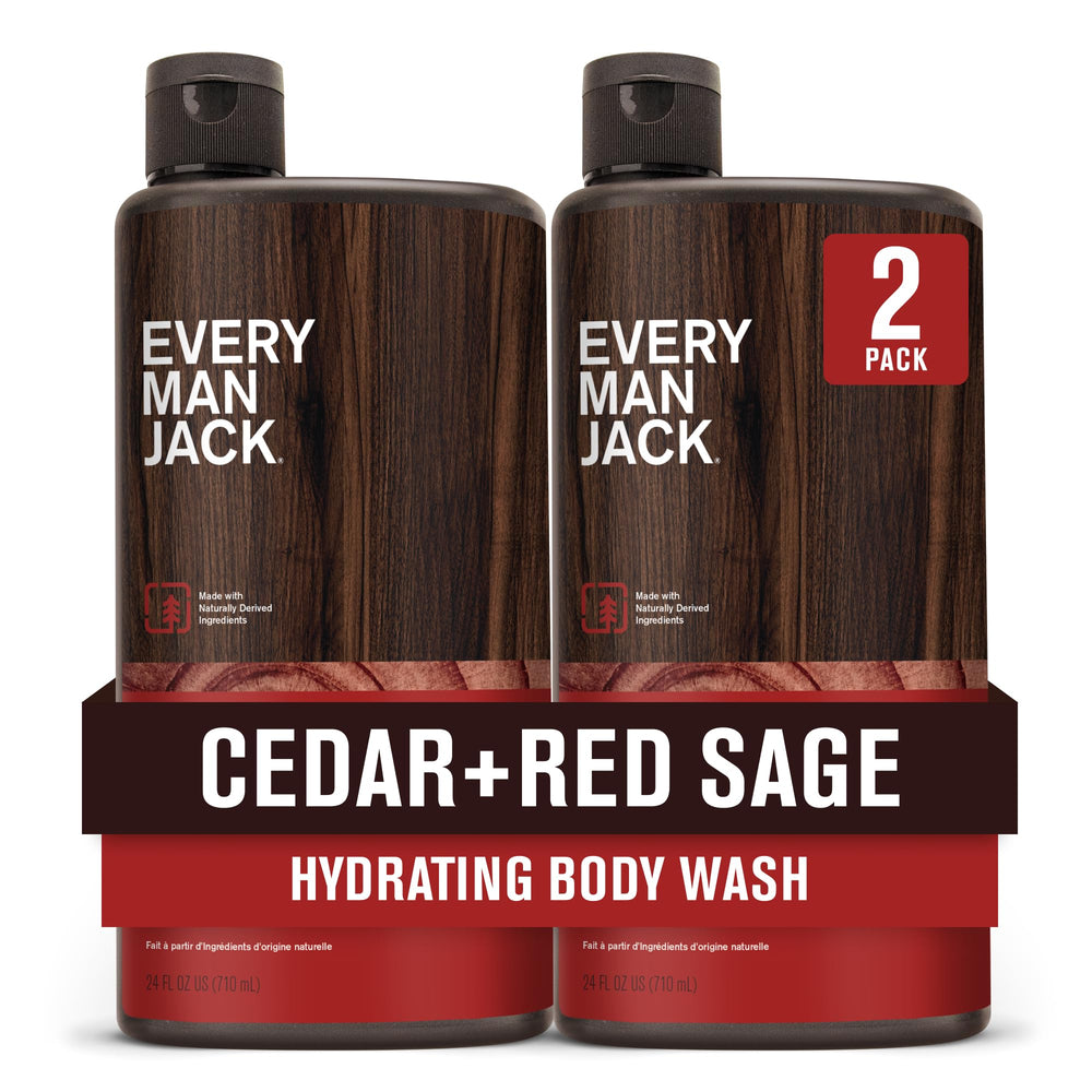 Every Man Jack front packaging showing cedar red sage scent and moisturizing benefits