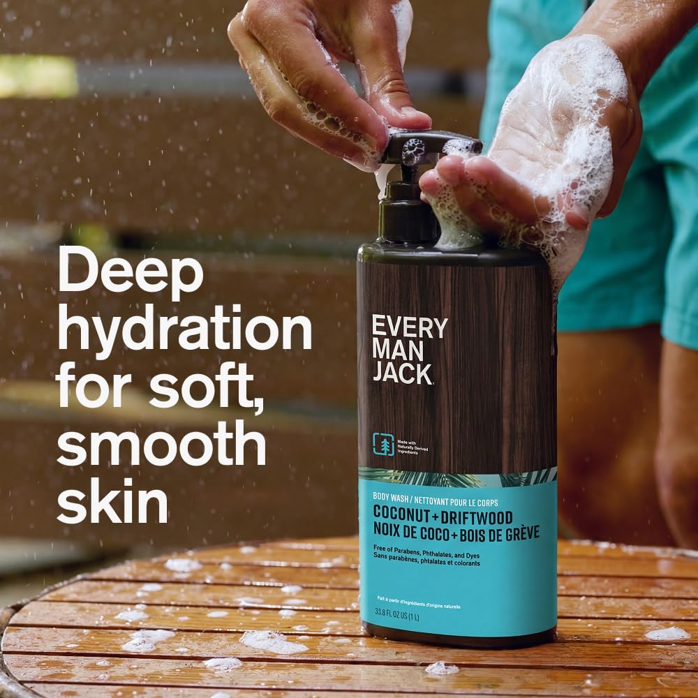 Every Man Jack gel en uso bajo la ducha con limpieza e hidratación