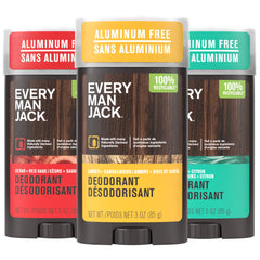 Every Man Jack frente del pack de 3 mostrando envases y colores diferenciados, práctico para alternar aromas
