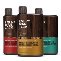 Every Man Jack pack variado frontal mostrando las tres botellas y su beneficio hidratante