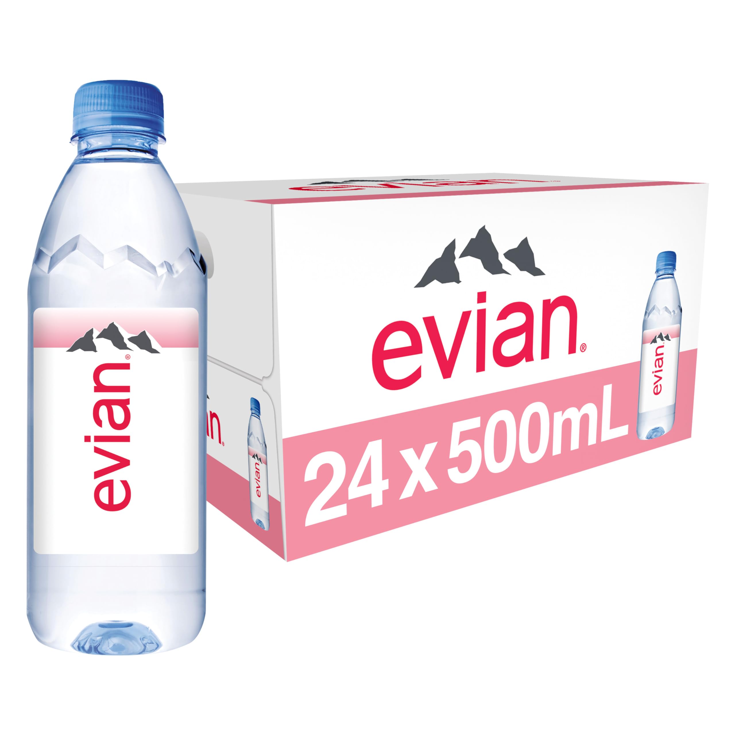 evian pack de 24 frontal mostrando botellas y marca, hidratación práctica
