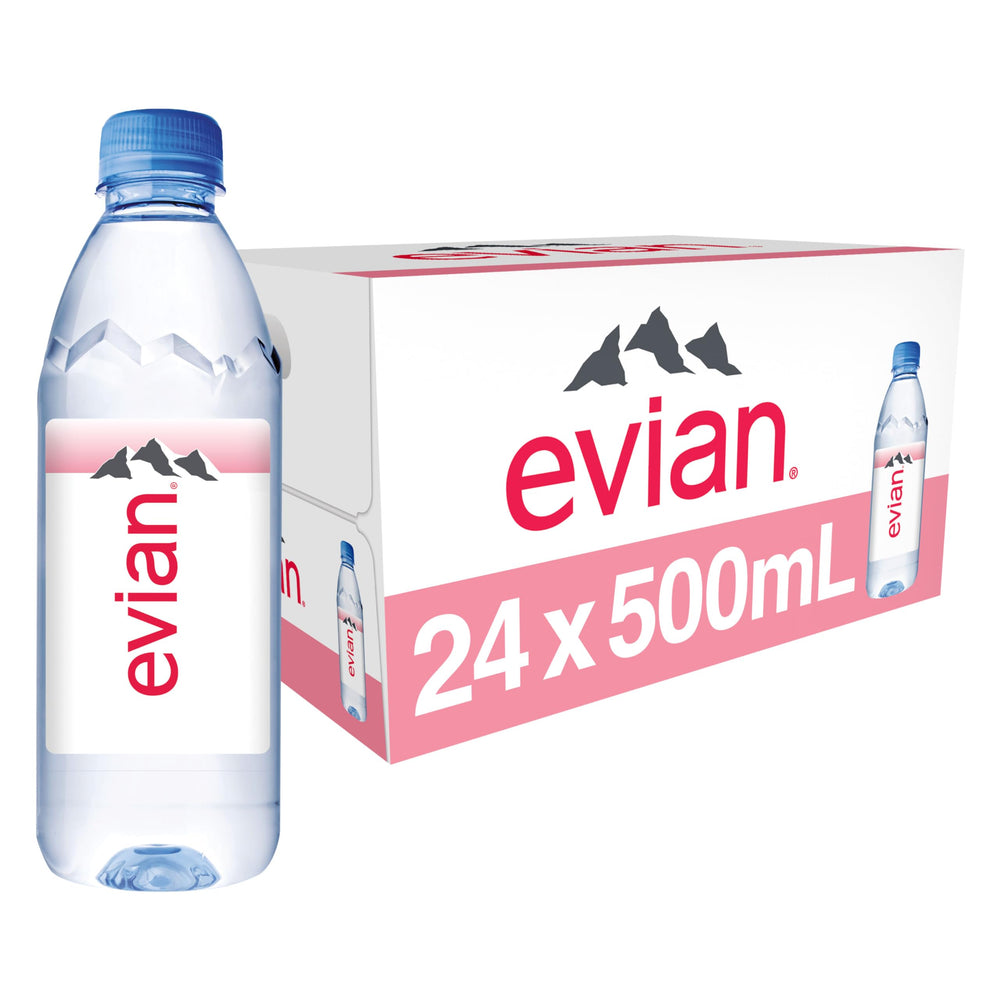 evian pack de 24 frontal mostrando botellas y marca, hidratación práctica