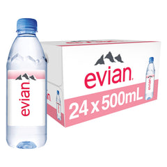 evian pack de 24 frontal mostrando botellas y marca, hidratación práctica